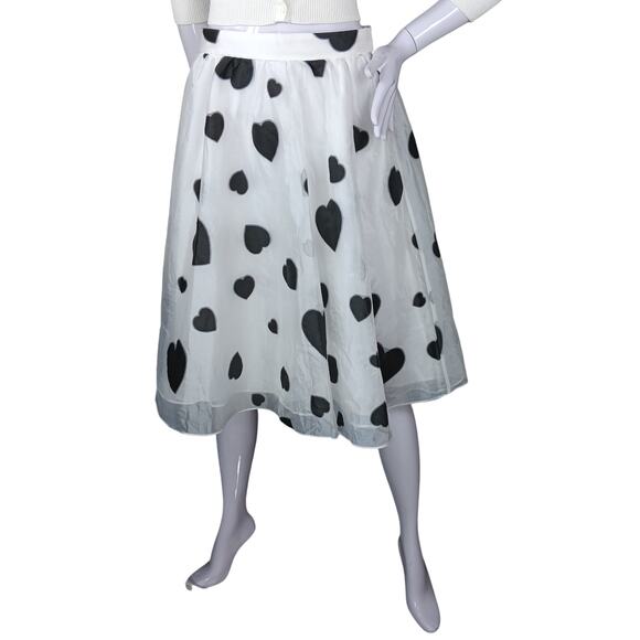 J. Crew Organza A-Line In White and Black Heart print Sheer Flare Skirt - Picture 6 of 10